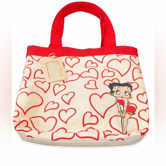 Betty Boop Handbags - Betty Boop Red Heart Print Canvas Tote Bag Retro Y2K